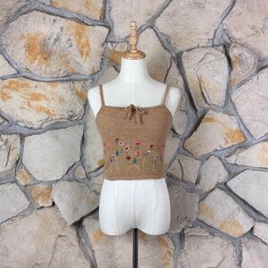Ralph Lauren c. 1990s Embroidered Posies Wool Sweater Tank Camel | S